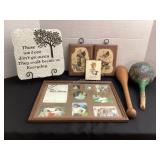 Plaque with stand, juggling pin, dried gourd,