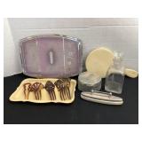 Vintage vanity items; mirrors, powder jar, hair