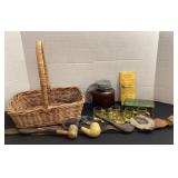 Basket, pipes, shot glasses, old  Amber jar with