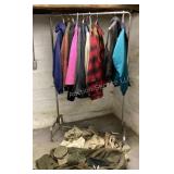 Men's coats, metal rack, military duffel bag,