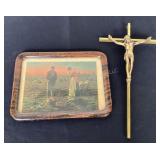 Tin frame with picture & metal crucifix