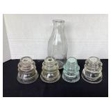 4 antique glass insulators & Soo Ontario milk