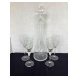 Etched glass decanter & matching stemware