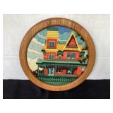 11 1/2" framed crewel Victorian house