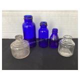 3 cobalt blue bottles & 2 ink well jars