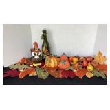 Fall decor; runner, ceramic owl, bottle,