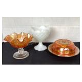 Carnival glass butter dish, pedestal bowl & milk