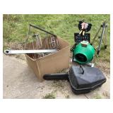 Tripod sprinkler, Hydrofarm fan, buzzard sign,