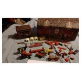Farm implements, tractor and scene pcs, tin box