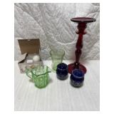 Green Glass, 2 salt & pepper & red candlestick