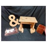 Wooden double hooks, step stool, and sign, box