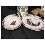 Christmas platters, bowl, and decor