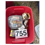 Tote with nuts and bolts  drills, bits