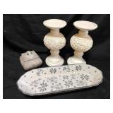 Candle holders,  glass decorative platter,