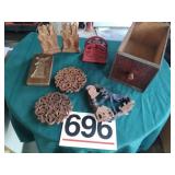 Wooden box and decor, cast iron napkin holder,