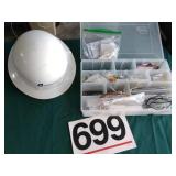 Plastic work helmet and hardware in case