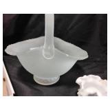 Fogged glass basket, milk glass jar, knives