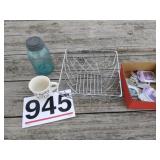 Blue Ball jar, wire basket, mug and craft items