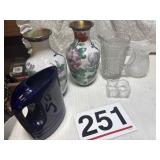 Vases, blue pitcher, clear glass picture,