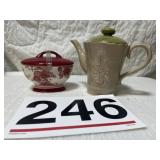 Vintage red floral bowl & green pitcher