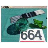 Green glass jar and boot and knife set