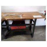 Metal table with wood top and Zyliss vise