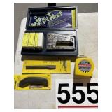 Stanley, chisel tape, measure knife, and stapler