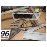 Miscellaneous pliers, squares, shelving,