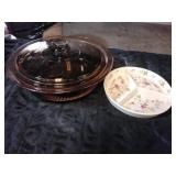 Brown glass bowl with lid and small decorative