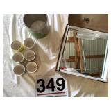 6 ceramic containers, 4 mirrors, roll of tin.