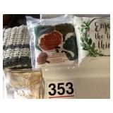 Crochet blanket, baby blanket, & 3 pillows, 1 is