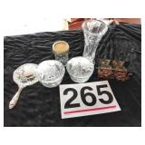 Silverplated mirror,  glass dishes