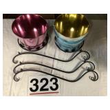 Planters and metal buckets.