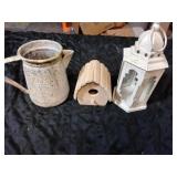 Metal decorative pitcher, wood bird house,