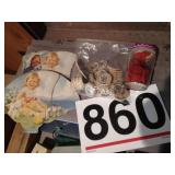 Vintage paper fans, wooden nickles and mills