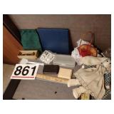 Bank bag, containers, puzzle, bunnie and misc