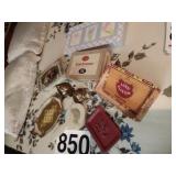 Cigar boxes, tin and wooden trays, brass lantern,