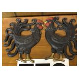 Pair of hanging metal roosters