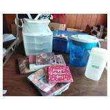 Decorative holiday napkins, plastic pitchers,