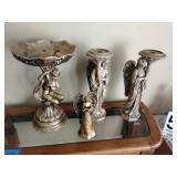 Plastic gold angel candelabras and candle holder