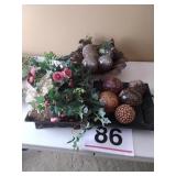 Metal trays with decor balls and artificial