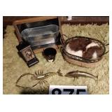 Brass crawdad and dolphin, metal bucket, match