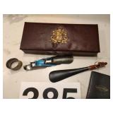 Vintage box, shoe horns, napkin ring and