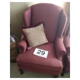 Burgandy wing back chair with pillow