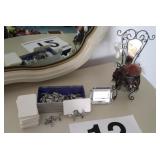 Table place cards and stands, digital clock and