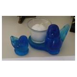 Glass blue bird candle holder and small blue bird