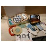 Jewelry box, hankies,pot holders, etc