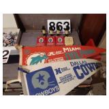 Super Bowl pennants, old tins and Mr Peanuts