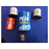2 vintage antique oil filters and various oil