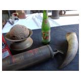 Fire extinguisher, horn, brass pc and stone, etc